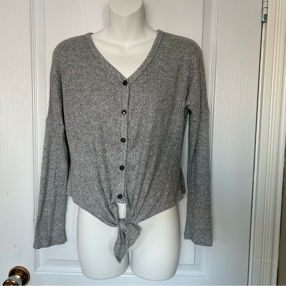 Brit & Bri Gray Ribbed Sweater Small Tie Front Women Button Down